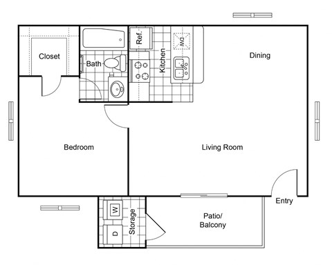 Floor plan for 1 bed, 1 bath, 550 sqft